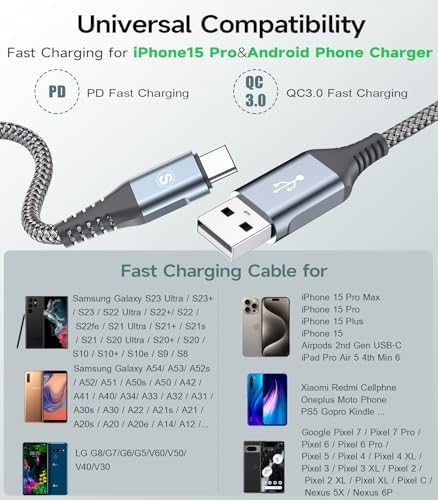 MAXGROUP USB Type C Charger Cable Trio | Durable Nylon Braided Charging Cords (10 ft, 6.6 ft, 3.3 ft) for i Phone 15, 16 Pro Max, Samsung Galaxy S Series & More | Fast Charging & Universal Compatibility for Home, Office & Travel | Enhanced Durability & Flexibility