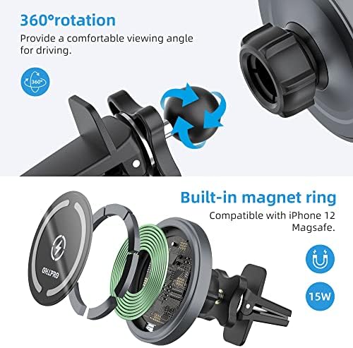 OHLPRO Mag Safe Car Charger Mount for i Phone 16/15/14/13 Pro Max – 15 W Fast Charging Phone Holder with 360° Rotation, Secure Adhesive Base for Tesla and Other Vehicles, Ultimate Magnetic Car Accessory for Safe Driving and Hands-Free Navigation – Perfect Gift for Tech Enthusiasts and Road Warriors