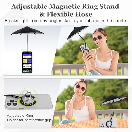 Magnetic Umbrella Phone Stand for Sun Protection,Adjustable Sun Shade Shield for iPhone 16/15/14/13/12 Pro Max,Samsung & Google,Detachable Ring Stand,Heat-Resistant Design,Car Mount Compatible, Black – Enhanced Compatibility and Speed