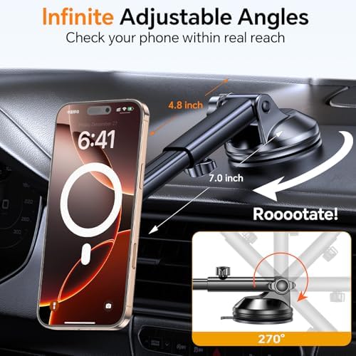 Coolpow Mag Safe Car Mount – Versatile Magnetic Phone Holder for i Phone 13-16 | Windshield, Vent & Dashboard Suction Cup Stand | Enhanced Stability & Easy Access for Navigation & Hands-Free Calls | Premium Car Accessories to Elevate Your Driving Experience