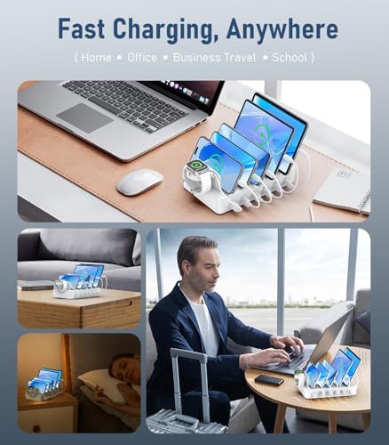 Ultimate 96 W Multi-Device Charging Station – Creative Design’s 6-Port USB-C Hub with 3 PD 20 W Fast Charging Ports for Phones, Tablets, and E-Readers – Streamlined Organization, Enhanced Safety Features, and Universal Compatibility for Your Tech Essentials