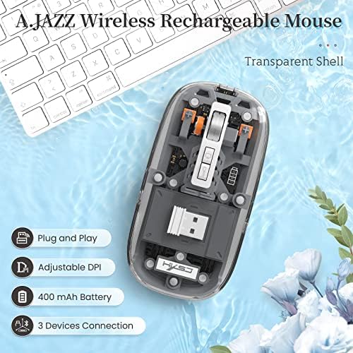 Sleek A.JAZZ Wireless Bluetooth 5.1 & 2.4 G Mini Mouse – Lightweight, Rechargeable, and Silent for Ultimate Focus in Office, PC, Mac, and i Pad Use – Stylish Transparent Design with Nano USB-C Receiver for Enhanced Compatibility and Performance