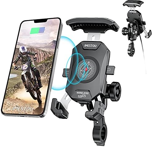 i MESTOU Wireless Phone Charger & Anti-Theft Motorcycle Mount – Fast 15 W Quick Charge with 720-Degree Rotation, USB-C 3 A Compatibility, Secure 1″ Ball Phone Holder for 4.0-7.0″ Smartphones – Innovative Handlebar Accessory for 12 V/24 V Vehicles