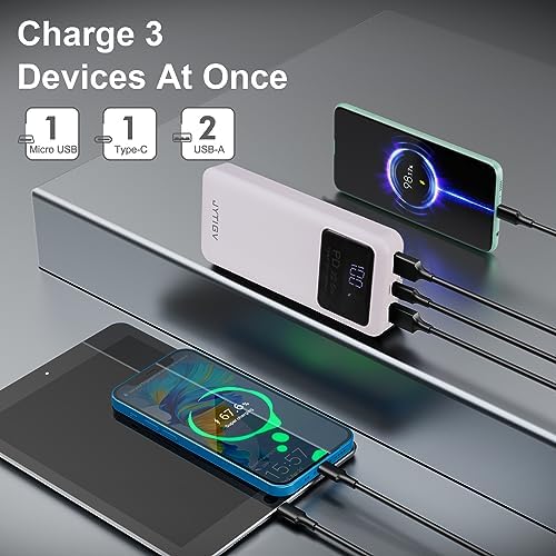 High-Capacity 20,000 m Ah Portable Charger with 22.5 W PD Fast Charging, LED Display, and Flashlight – USB-C Compatible Power Bank for i Phone, i Pad, Samsung, LG, and Android Devices – Ultimate On-the-Go Charging Solution in Sleek White Design