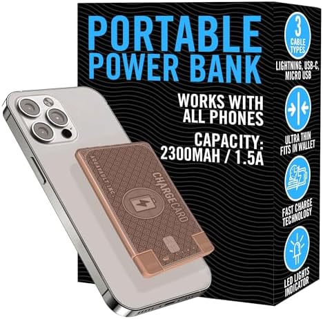 Aqua Vault Charge Card – Ultra-Slim 2300 m Ah Emergency Power Bank – Wallet-Friendly Portable USB-C & Micro-USB Charger – Durable Steel Design for i Phone 16/15/14/13/12 & Android – Stylish Rose Gold Finish – Travel-Safe Power Solution for On-the-Go Charging