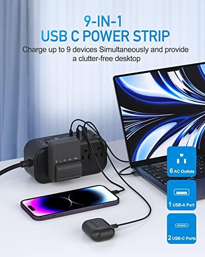 10 FT USB C Surge Protector Power Strip with 6 AC Outlets & 3 Fast Charging USB Ports – Ideal Travel Charging Station with Overload Protection, Flat Plug Design, and Wall Mount Capability for Home Office & Dorm Use – 1875 W/15 A Enhanced Safety & Speed