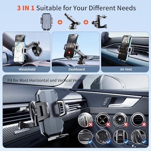 Elevate Your Driving Experience with the 2024 3-in-1 Car Phone Holder Mount – Versatile Dashboard, Windshield & Air Vent Solutions with 360° Rotation for Optimal Viewing Angles and Universal Compatibility