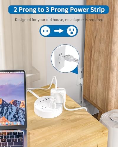 NTONPOWER 10 FT 2 Prong to 3 Prong Power Strip with 4 USB Ports – Wall-Mountable Non-Grounded Outlet Adapter for Enhanced Device Charging and Flexible Placement in Older Homes – 180° Non-Polarized Design for Maximum Convenience and Safety