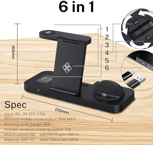 Ultimate 6-in-1 Wireless Charging Dock for i Phone 16/15/14/13, Apple Watch Series, Air Pods Pro – Super-Fast Qi-Certified Charging Station with QC3.0 Adapter for Seamless Device Compatibility and Safety Features – Perfect for Home and Travel Use
