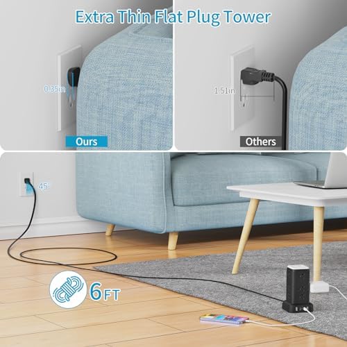 Transform Your Charging Setup with the PD20 W USB C Power Strip Tower – 6 Feet Surge Protector with 4 Fast-Charging USB Ports and Built-in Night Light, Perfect for Home, Office, or Dorm Room, Featuring a Compact Design with Thin Flat Plug for Ultimate Space Efficiency and Enhanced Device Safety