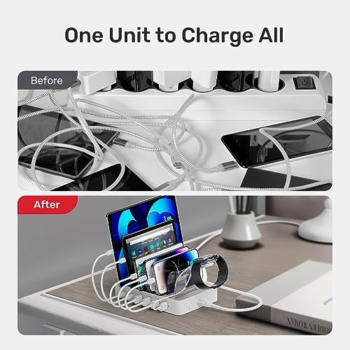Unitek 6-Port USB-C Fast Charging Station – Versatile Multi-Device Power Hub with Dual 20 W PD Ports for i Phone, i Pad, Samsung and More – Streamline Your Charging Experience and Enhance Workspace Organization with Safety Features