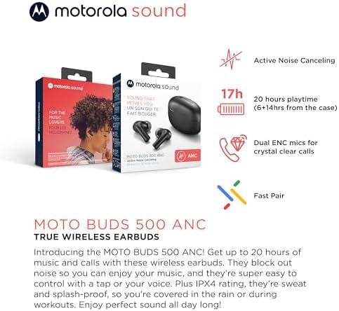 Motorola Sound Moto Buds 500 ANC – Exceptional True Wireless Earbuds with IPX4 Sweat Resistance, Advanced Touch Controls, and Dual Microphone Noise Cancellation – Superior Sound Quality for Active Lifestyles – Sleek Black Design with Extended Battery Case – Perfect for Commuting, Fitness Enthusiasts, and Home Audio Enjoyment
