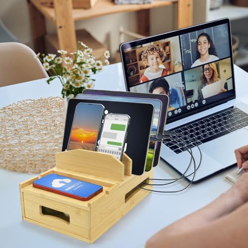 ZOOFOX Eco-Friendly Bamboo Multi-Device Charging Station – Sleek Desk Dock for Smartphones, Tablets, and Laptops with Customizable Dividers and Storage Drawer for Ultimate Cable Management and Fast Charging Solutions
