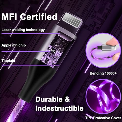 Illuminate Your Charging Experience: 6 ft LED Light-Up MFi Certified i Phone Charger Cable – Fast Charging for i Phone 14, 13, 12, 11 Pro Max, XR, X, SE, 8 Plus, i Pad & i Pod (Vibrant Purple) – Stylish, Durable, and Convenient Performance