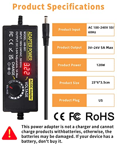 Versatile AOYADAISU 120 W Adjustable DC Power Supply with 14 Tips & Polarity Converter – Perfect for Fast Charging LED Strip Lights, Cameras, and More – 3 V-24 V Output with 5 A Maximum Current for Ultimate Compatibility and Performance