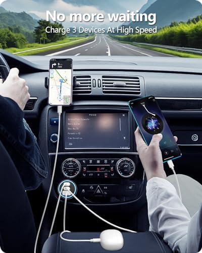 Dual USB C Car Charger with QC 3.0 Technology – 66 W Fast Charging Adapter + 2 Lightning Cables for i Phone 15/14/13/12 Pro Max and Galaxy S23/S22/S21 Ultra – MFi Certified for Reliable Compatibility on All Your Road Trips – Effortless Dual Device Charging with Enhanced Speed and Durability