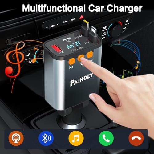 Paiholy 66 W 4-in-1 Retractable Car Charger – Dual USB Fast Charging Station with Dual i Phone Cables for i Phone 14/13/12/11 Pro Max/XS MAX and i Pad – Real-Time Voltage Display, Compact Design for Effortless Travel Convenience