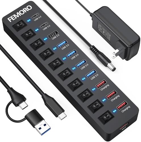 Maximize Your Connectivity with the 11-Port Powered USB Hub 3.2: Fast Type C & USB 3.2 Gen 2 Multiport Expander with Individual Power Controls – Ideal for Laptops, PCs, and External SSDs – Unleash Unmatched Speed and Versatility for Tech Savvy Users