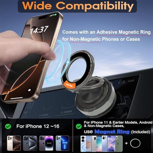 Magnetic Car Phone Holder for i Phone & Android – 360° Adjustable Zinc Alloy Mount with Powerful Vacuum Suction for Enhanced Stability and Hands-Free Navigation Experience