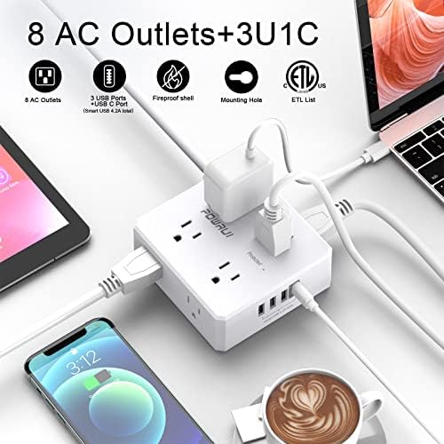 Maximize Your Power Management with a 6 Ft Surge Protector Power Strip – 8 Outlet Extension Cord Featuring 4 Fast USB Charging Ports (1 USB-C), Ideal for Home Office Convenience and Safety, ETL Listed for Enhanced Surge Protection and Compatibility