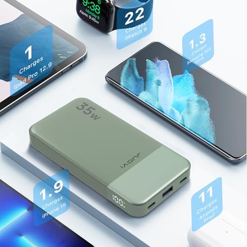 10000 m Ah Fast Charging Power Bank – 35 W Portable USB-C Charger with PD 3.0 & QC 4.0 for i Phone 15, Galaxy, Tablets, and Switch – Sleek Green Design for Ultimate Portability and Compatibility