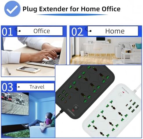 Universal 12-in-1 Power Strip with USB C – All-in-One Travel Extension Cord Featuring 6 Extra-Wide Outlets and 4 Fast-Charging USB Ports, 110-240 V, Max 3000 W, Wall-Mountable Surge Protector for European Journeys and Home Use – Effortless Device Management and Enhanced Safety
