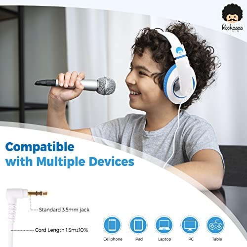 Rockpapa Kids Over-Ear Headphones – Lightweight Wired Audio Gear for School, Travel, and Home – Stylish White and Blue Design for Boys and Girls – Immersive Sound Quality with Adjustable Comfort and Durable Build for Young Audiophiles