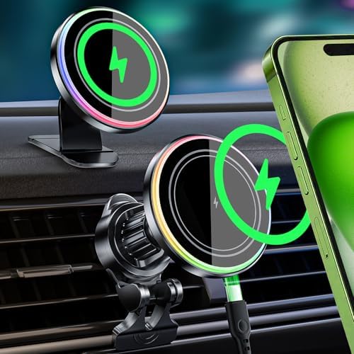 MANKIW Mag Safe Wireless Car Charger – 15 W Fast Charging Magnetic Mount for i Phone 15 Pro Max, 14, 13, 12 – Secure Magnetic Phone Holder with 360-Degree Rotation for Effortless Navigation – Essential Car Accessory for On-the-Go Charging