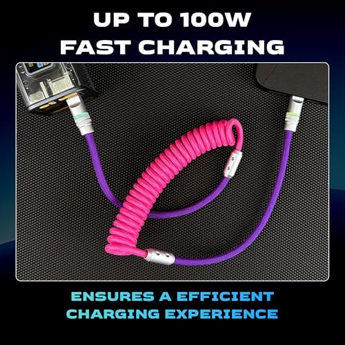 Neon Chubby Spiral Charge Cable – Vibrant 2.29-3.6 FT Type-C Coiled Charger for USB-C and Carplay Devices, Fast Sync and Charge, Tangle-Free Design in Bold Purple and Light Green, Perfect for Smartphones and Tablets
