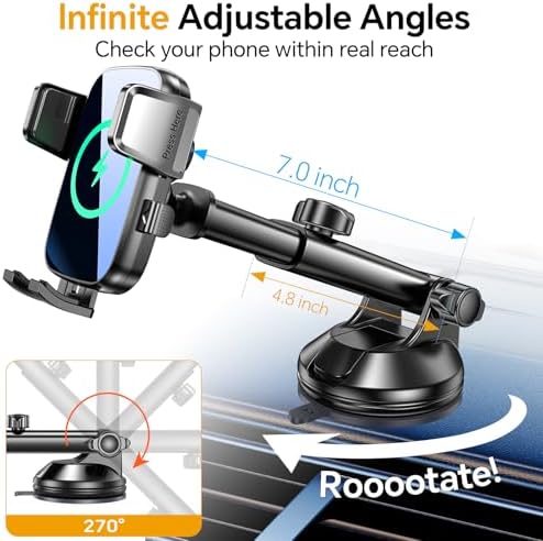 Kaistyle Advanced Wireless Car Charger Mount with Enhanced Suction & Clip System – Fast Qi Charging Holder for i Phone 16/15/14/13 Pro Max & Samsung Smartphones – Ultimate Stability & Accessibility for All Qi-Enabled Devices – Safe Hands-Free Operation for Streamlined Driving Experience