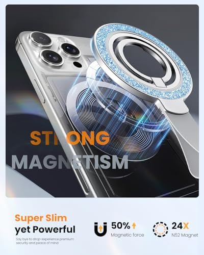 Tycamp Mag Safe-Compatible Glitter Phone Grip Ring Holder Stand for i Phone 16/15/14/13/12 Series – Stylish Magnetic Phone Accessory with Removable Rotating Design for Enhanced Grip and Glam Appeal in Black – Secure Attachment for Selfies, Texting, and Viewing