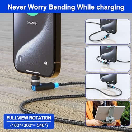 Revolutionize Your Charging Experience with the 90-Degree Lightning Cable – 360° Rotating Connector for Apple Devices | MFi Certified, Fast 2.4 A Charging, Right Angle Design for i Phone 14/13/12/11/X/8/7/6/5 Pro Max & i Pad | 3 FT Length for Ultimate Convenience and Compatibility