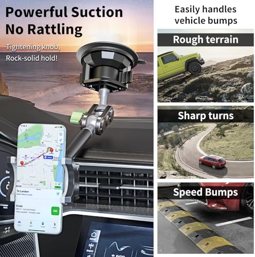 Car Phone Holder-Phone Mount for Car Windshield & Truck-Holder with 360° Rotating Metal Arm-Mount with Super Stable Suction Cup for All Vehicles – Enhanced Compatibility and Speed