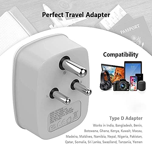 TESSAN Type D Travel Power Adapter: Dual USB Charger for Seamless Connectivity in India, Nepal, Maldives, Bangladesh, and Pakistan – High-Speed American Socket Converter with Surge Protection for Multinational Adventures