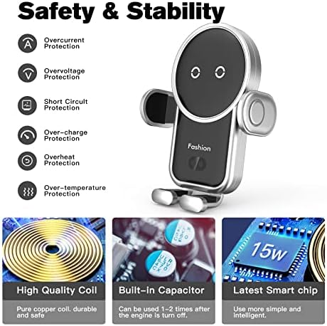 15 W Fast Wireless Car Charger with Auto-Clamping Mount – Effortless Air Vent Holder for i Phone 14/13/12/11/Pro/Xr/Xs/X/8 and Samsung S22/S21/S20 – Sleek Black Design for Enhanced Compatibility and Safety on the Go