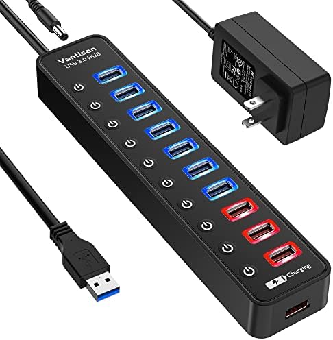 Ultimate 11-Port USB 3.0 Hub Splitter with Smart Charging – High-Speed Data Transfer, Individual LED Switches & 12 V Power Adapter for Enhanced Connectivity and Efficiency
