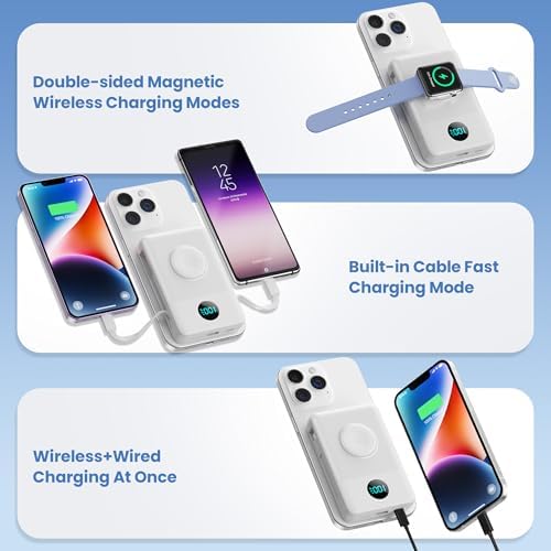 Magnetic 10800 m Ah Power Bank – All-in-One Portable Charger with Built-in Cables, 6-in-1 Functionality for i Phone 16/15/14/13/12 & Apple Watch, 20 W PD Fast Charging, Sleek White Design for On-the-Go Efficiency and Convenience