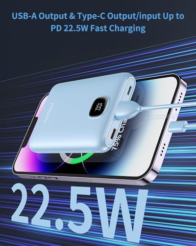 Ultra Slim ANOUV 10,000 m Ah Portable Charger – Fast Charging Power Bank with PD 22.5 W & QC 3.0 for i Phone and Android Devices – Lightweight External Battery for On-the-Go Charging Needs