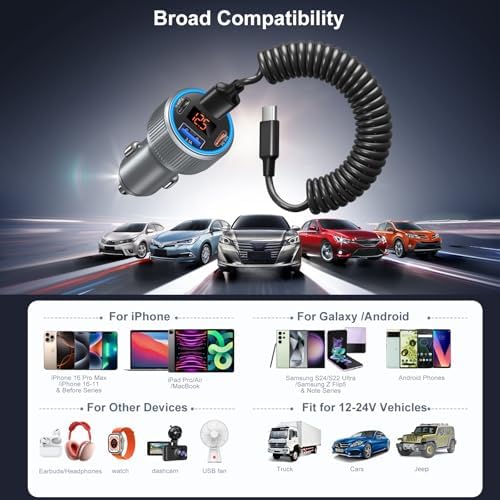 4-Port Fast Charging Car Charger for i Phone 16 & 15 Pro Max – Besgoods USB-C Adapter with Integrated Voltmeter & 3 ft Retractable Cable for Galaxy S24 & A15 Android – Ultimate Travel Charging Solution