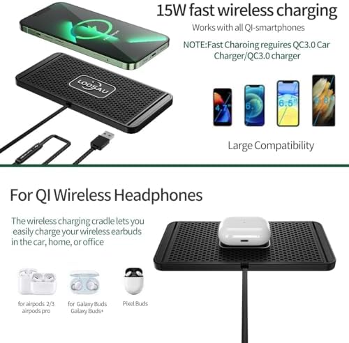 LOOSAU 15 W Fast Wireless Car Charger Pad – Non-Slip Charging Solution for i Phone 11-16 Pro Max, Samsung Galaxy S20/S10+/Note 9, and LG Devices – Effortless Power-Up with Intelligent Safety Features and Universal Mounting for All Vehicles
