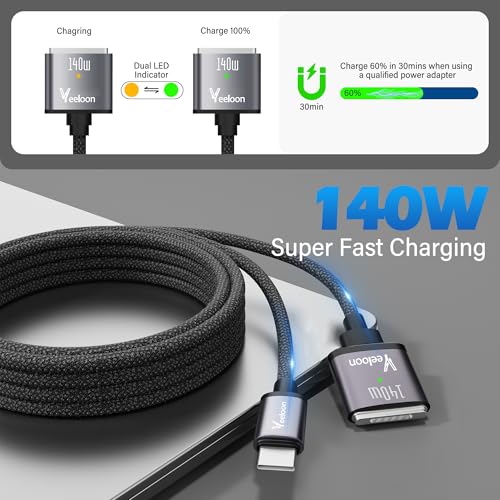 USB C to Magnetic 3 Cable Braided 6 FT,140W Magnetic Safe 3 Fast Charging Cord,Fit for MacBook Pro/Air M1 M2 M3(2021-2024 14″&16″- Space Gray – Enhanced Compatibility and Speed