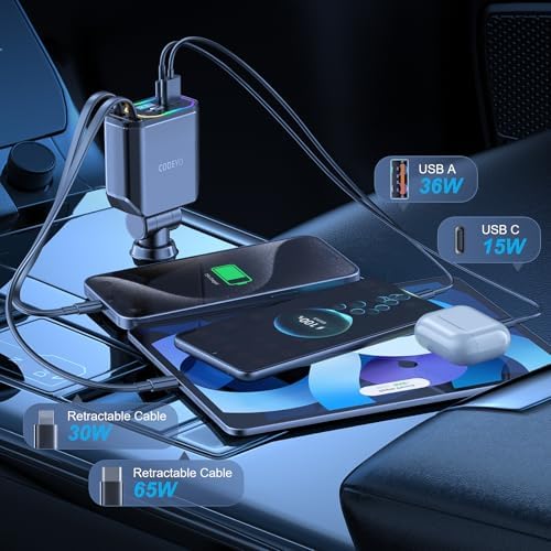 Revolutionary 4-in-1 Retractable Car Charger – 146 W Fast Charging Solution with PD 65 W & 30 W Outputs, 2.9 ft Tangle-Free Cord, RGB Light for Enhanced Visibility, Perfect Compatibility for i Phone 16/15/14/13/12, Android Devices & Laptops – Sleek Gray Design for Modern Vehicles