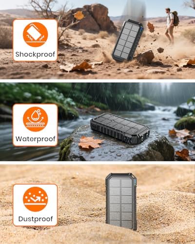 FEELLE 27000 m Ah Solar Power Bank: Ultimate Fast Charging Outdoor Charger with Dual Built-in Cables & LED Flashlights for Camping & Hiking – All-Device Compatibility & Solar-Powered Convenience