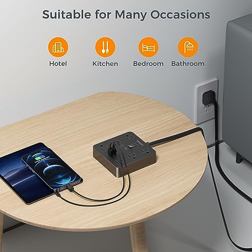 TESSAN 6-Outlet Black Surge Protector Power Strip with 3 USB Ports (1 USB-C) – 5 FT Flat Plug Extension Cord, 1700 Joules Surge Protection for Safe Charging in Home, Office & College Dorm – Compact and Versatile Multi-Device Charging Station