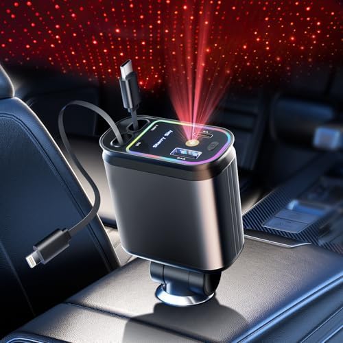 Revolutionize Your Drive: 66 W Retractable Car Charger with Starlight Ambiance – Fast Charging USB-C Adapter for i Phone 16/15/14/13/12 & Pixel – Space-Saving Design for Effortless Charging & Enhanced Automotive Experience