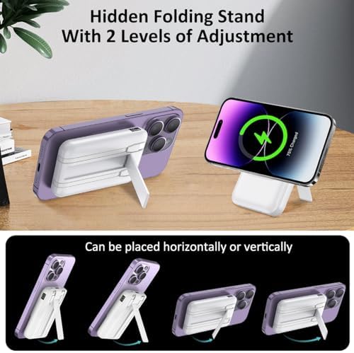 Gladgogo 10000 m Ah Wireless Magnetic Power Bank – Slim, Fast Charging Portable Charger for i Phone 15/14/13/12 Series with Built-In Cable, LED Display, and Integrated Stand – Ultimate On-The-Go Power Solution in Elegant White