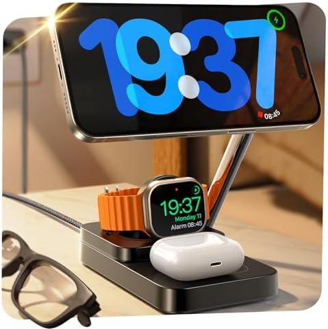 Lisen 3-in-1 Bedside Charging Station: Magnetic Wireless Charger for i Phone 16 & 15 Pro Max, 15 W Travel Adapter for Apple Watch & Air Pods – Sleek, Compact Design for Enhanced Convenience and Compatibility
