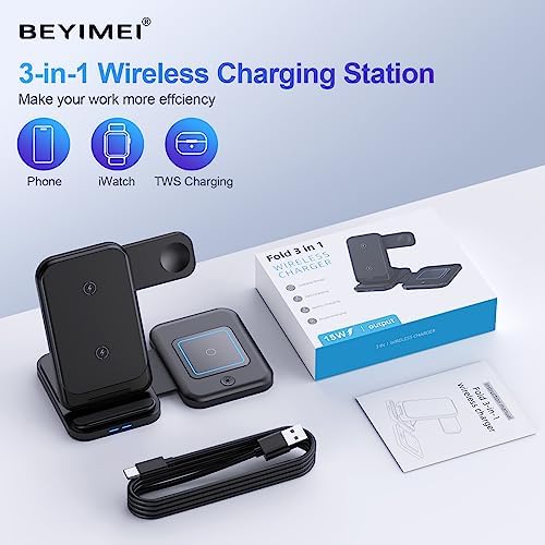 BEYIMEI 3 in 1 Wireless Charging Station: Fast, Multi-Device Power Hub for i Phone 15-8 Plus, Apple Watch Series 8-3, and Air Pods Pro 3 & 2 – Streamlined Convenience and Enhanced Compatibility for Effortless Charging