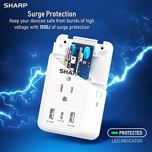 Ultimate Sharp Surge Protector Wall Charger with 6 Spacious Outlets, Rapid Charging, Dual USB-A & USB Type-C Ports, Adaptive Nightlight – Exceptional Device Compatibility & Efficiency for Home or Office Use
