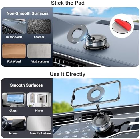 Vacuum Magnetic Phone Holder, Magnetic Car Phone Holder Mount Dual Ided Suction Vacuum, Foldable 360° Adjustable Cell Phone Stand Mount for All Smartphones & All Car Models – Enhanced Compatibility and Speed